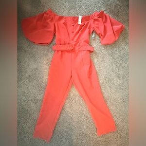 New York & Company Coral Off-Shoulder Jumpsuit